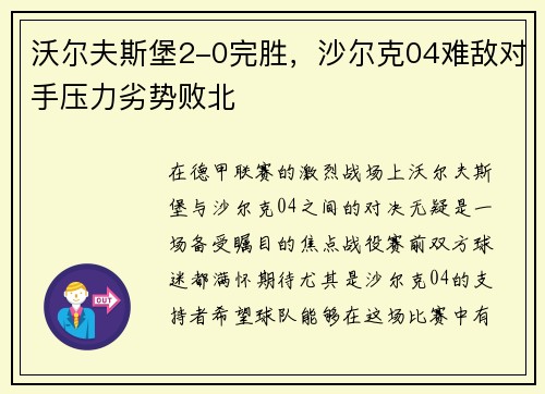 沃尔夫斯堡2-0完胜，沙尔克04难敌对手压力劣势败北