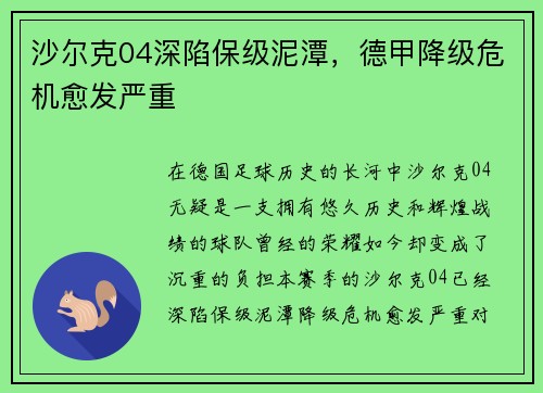 沙尔克04深陷保级泥潭，德甲降级危机愈发严重