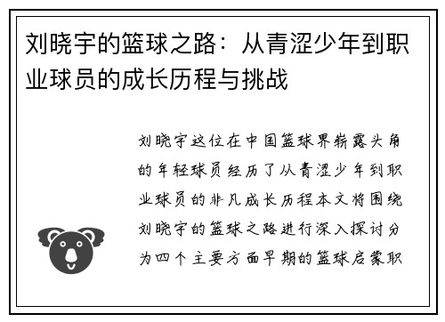 刘晓宇的篮球之路：从青涩少年到职业球员的成长历程与挑战